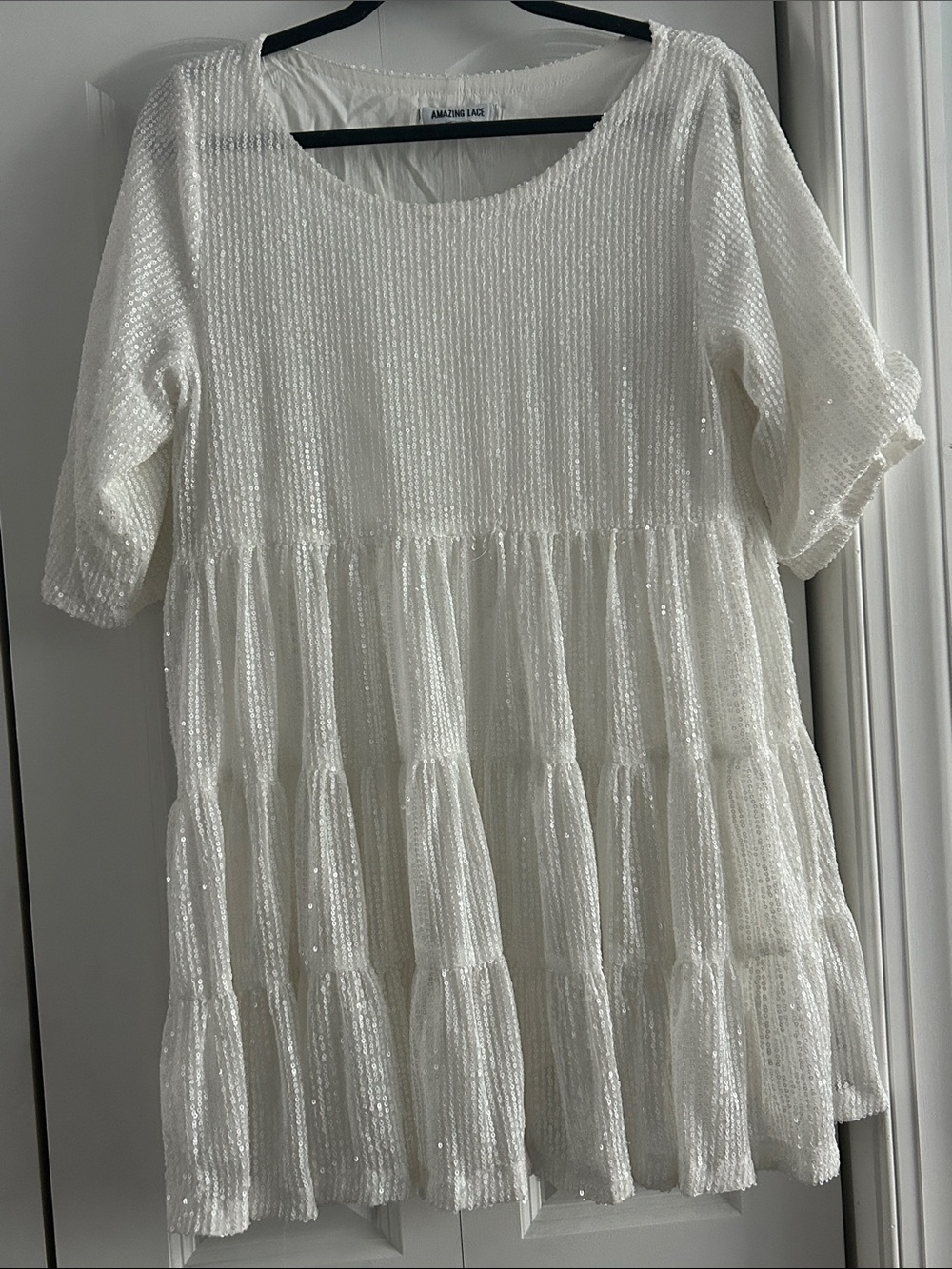 Amazing Lace White Sequin Pleated Babydoll Mini Dress